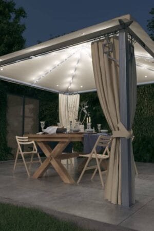 Altana z zasłonami i lampkami LED, 3x3 m, kremowa, aluminium